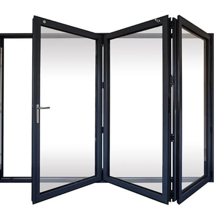 Product view of a black aluminium bifold door with a single traffic door open