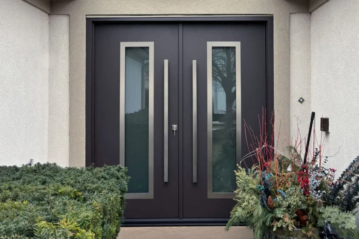 Double-leaf dark entrance doors with planting either side