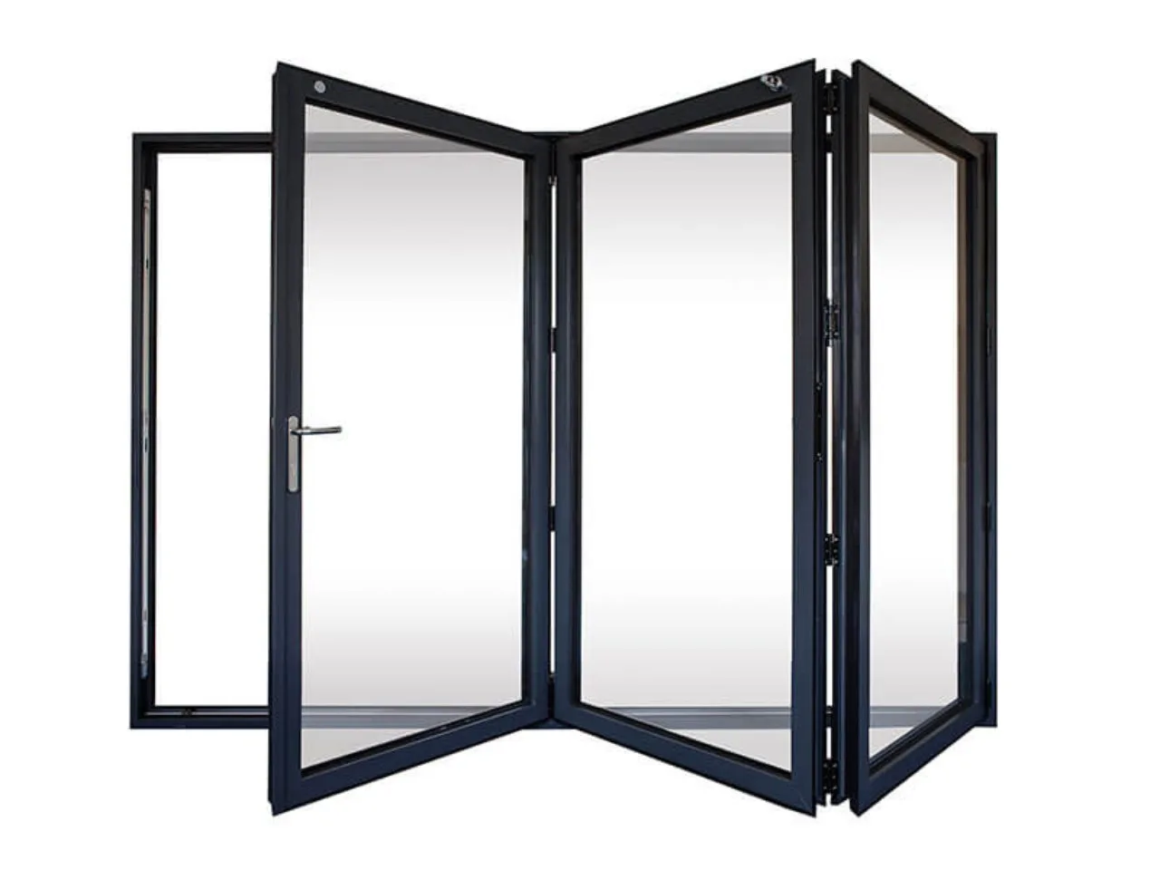 Product view of a three-panel black aluminium bifold door with the panels partly folded