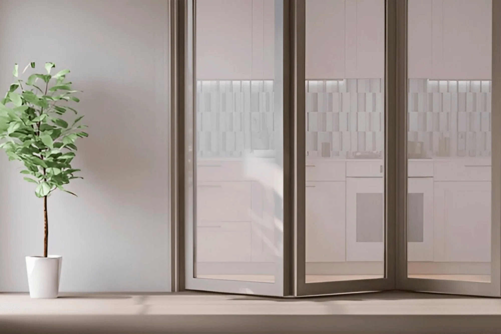 Slim aluminium folding window in a kitchen