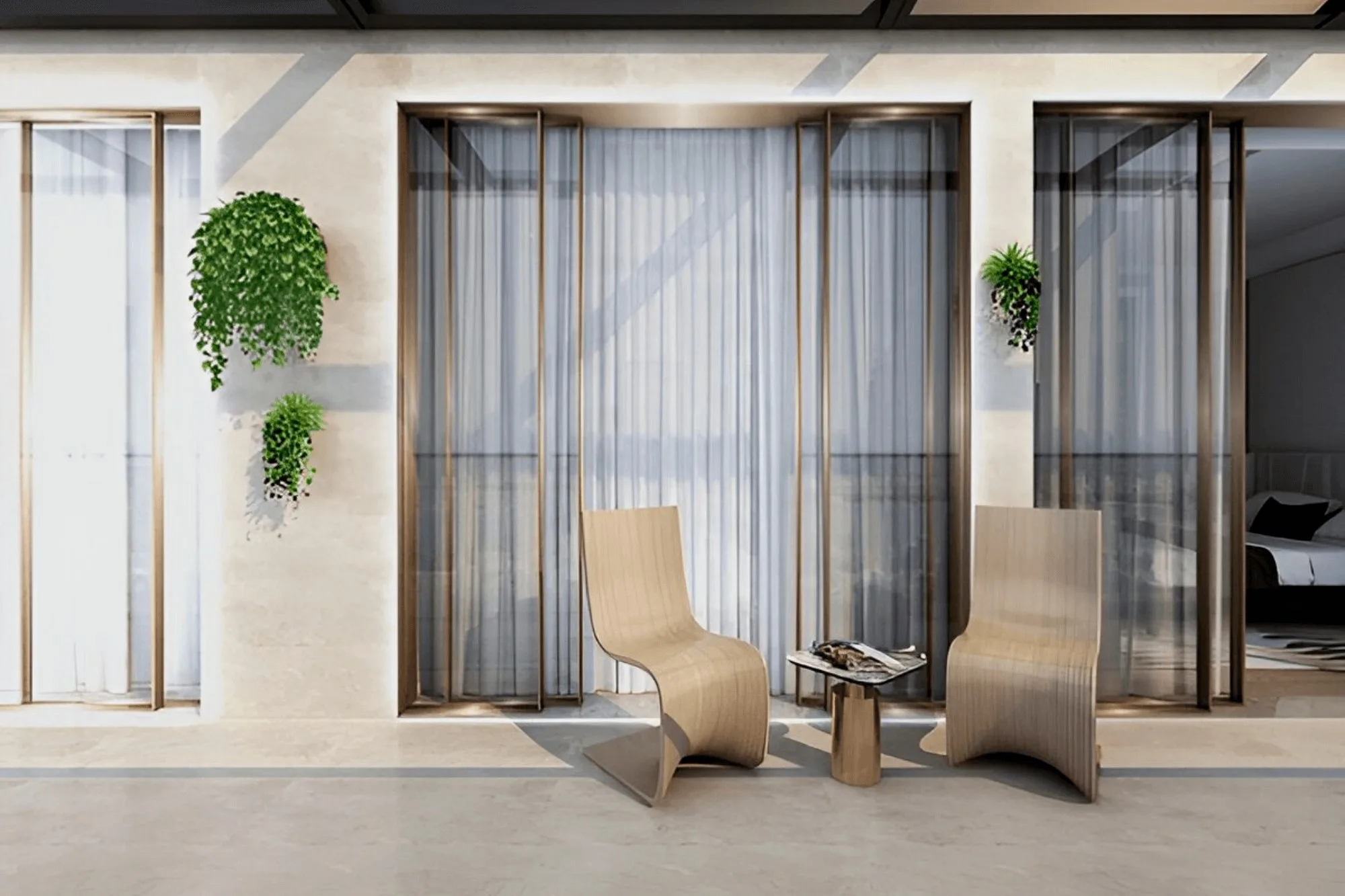 Tall aluminium windows with sheer curtains in a lounge